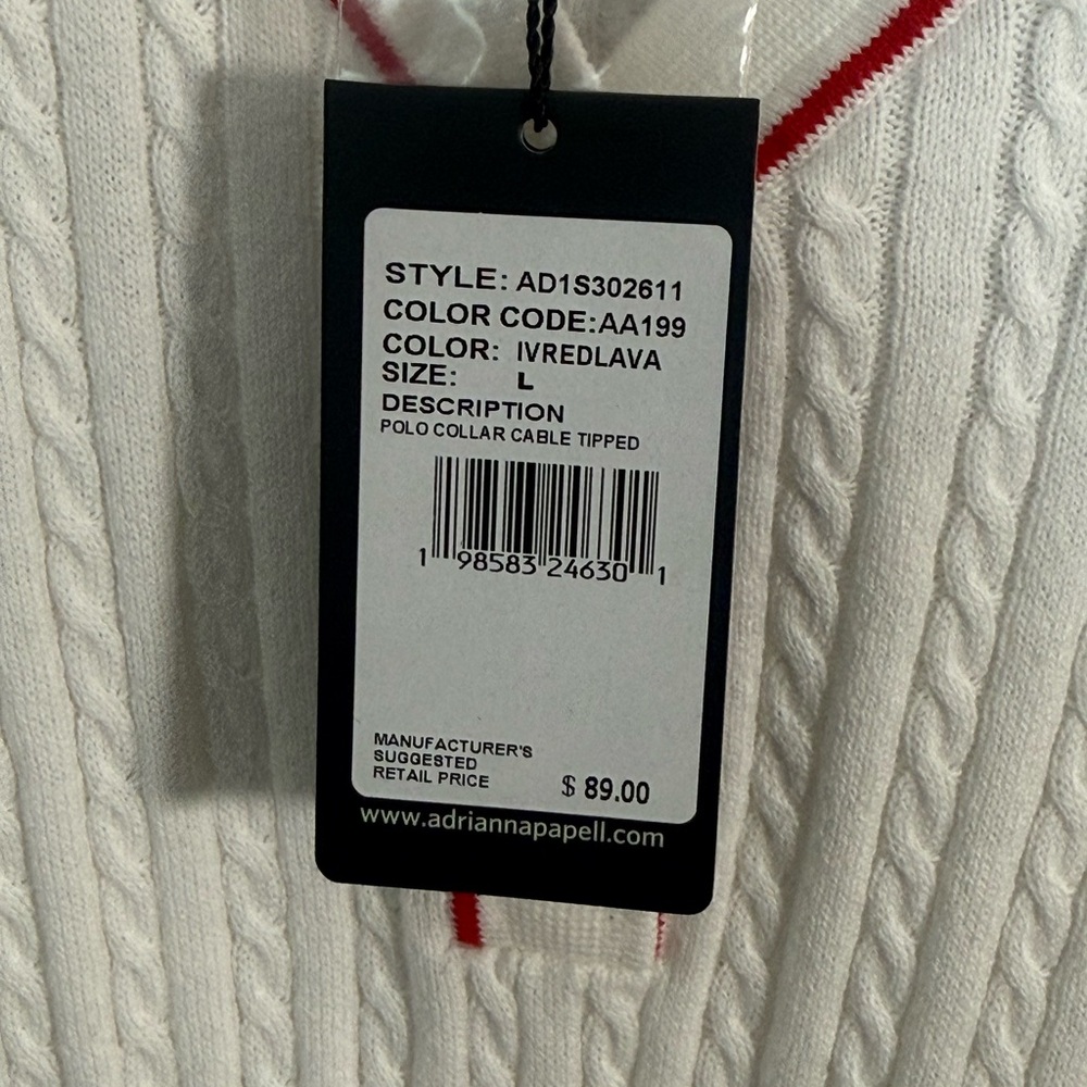 Adrianna Papell Cable Knit Polo Collar Top White Red Trim Size L NWT - Picture 5 of 6